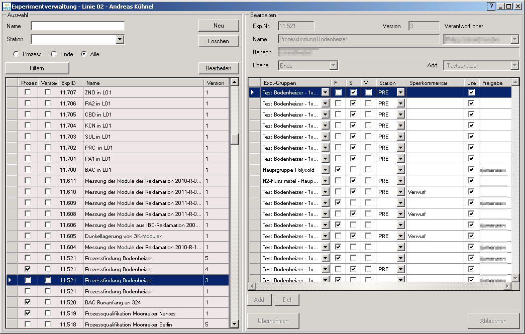 Screenshot Experimentverwaltung